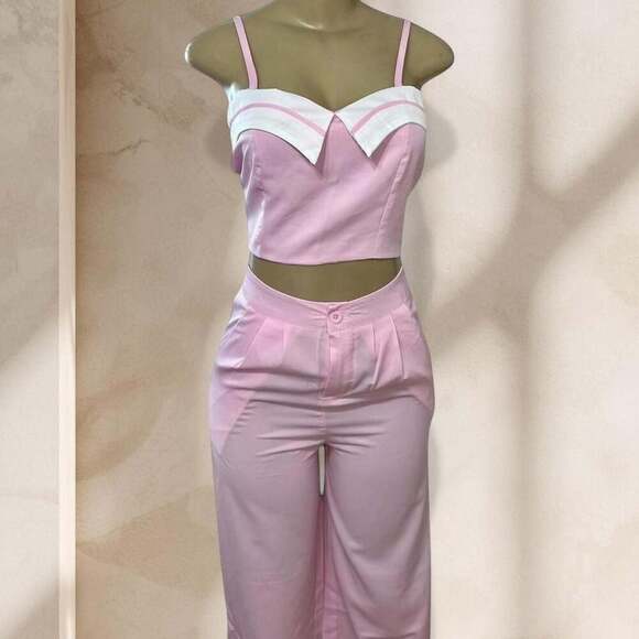 Suviafashion Pants - Pink Two Piece Set – Crop Top & High Waisted Pants Soft Girl Chic Outfit ✧ L